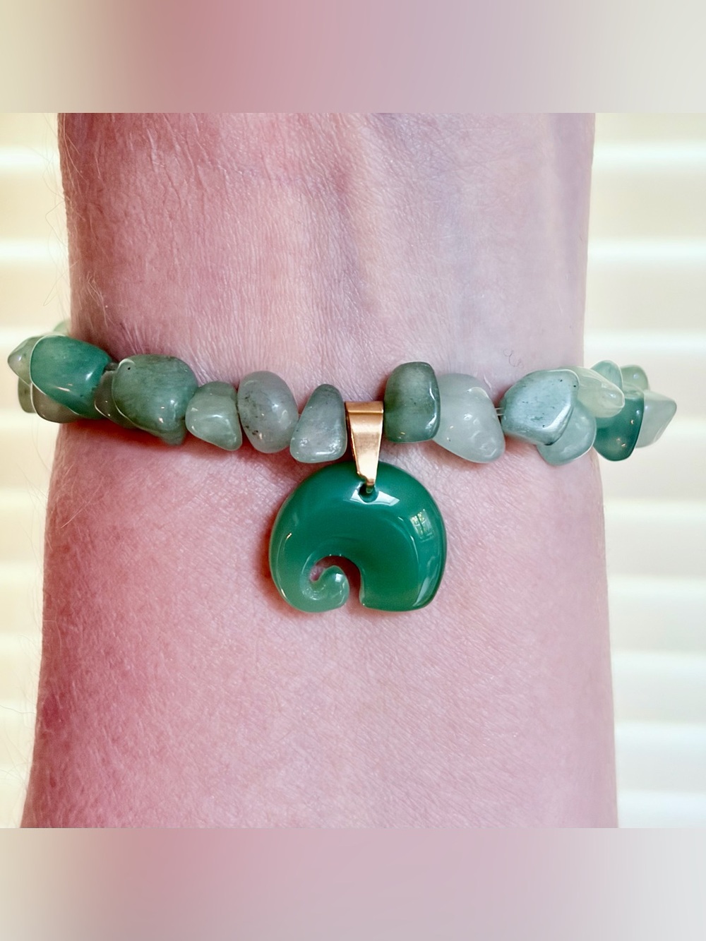 Natural Aventurine chip Bracelet w elephant charm.Elastic,handmade,chunky.8”.